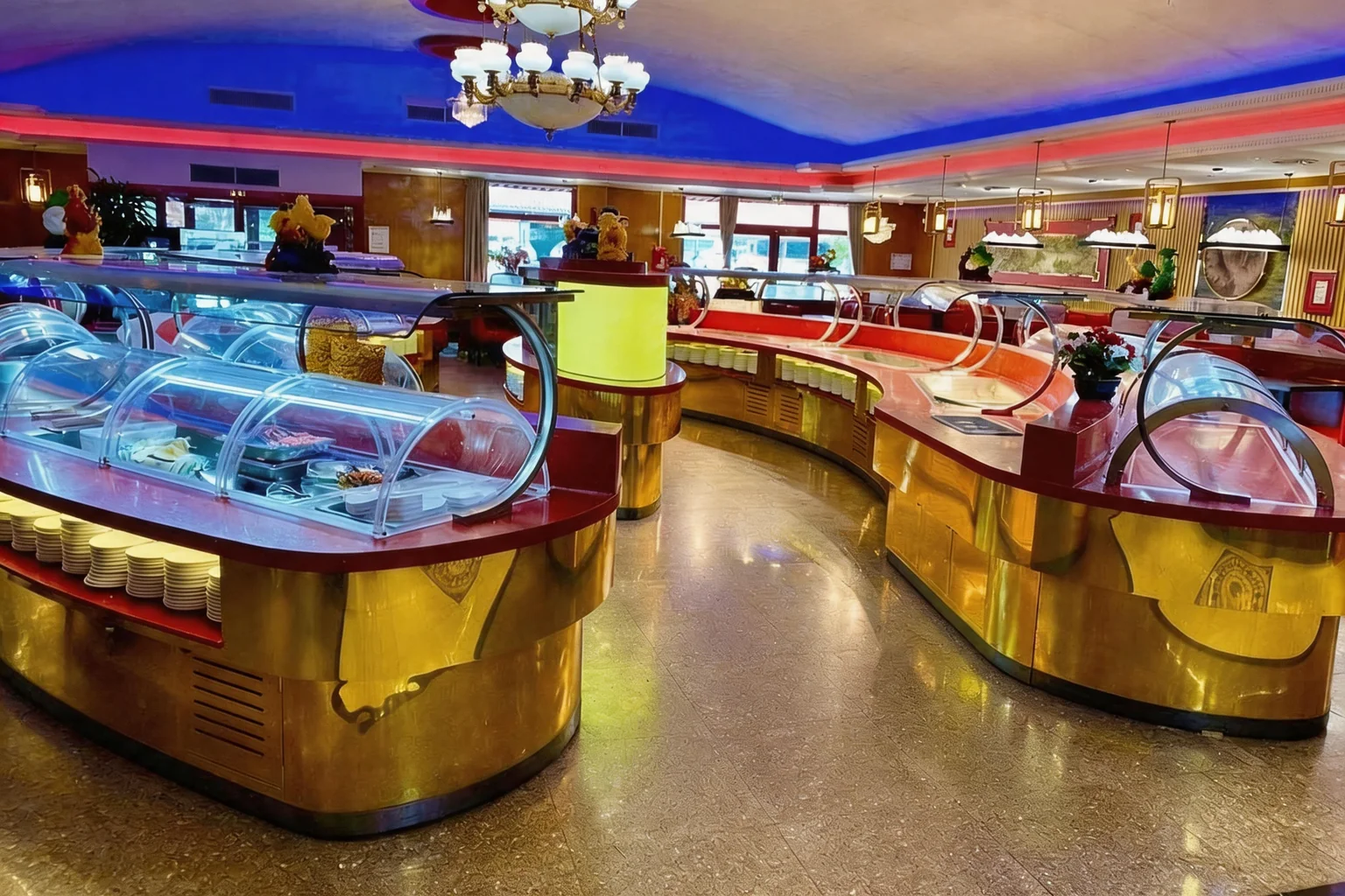 The buffet islands, glass covers and gold panels under a chandelier