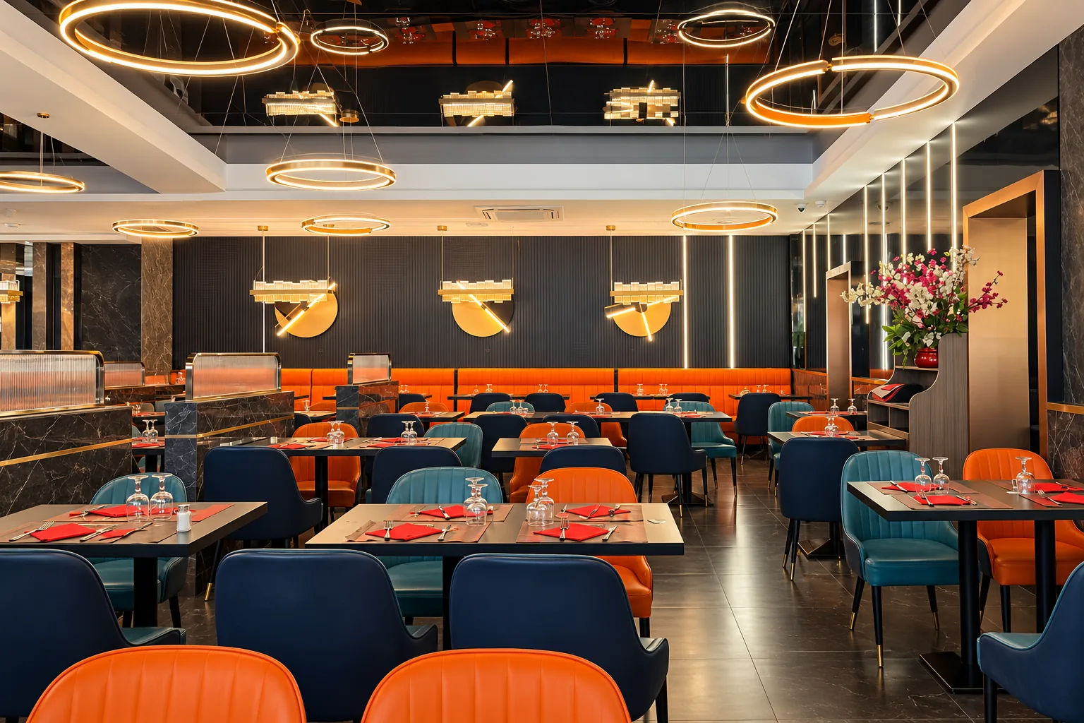 The renovated dining room at Le Palais d'Asie: set tables, blue and orange armchairs, golden lights.